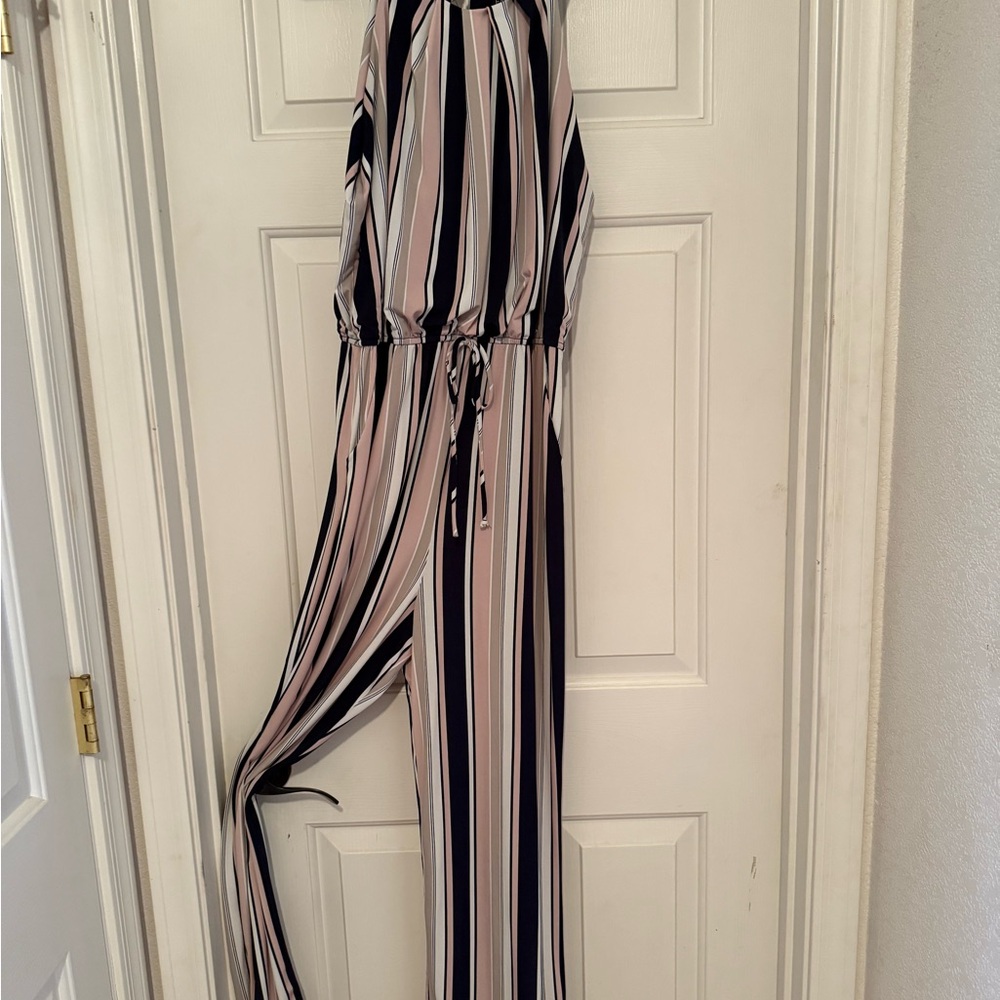 Enfocus Studio Black and White Striped Jumpsuit with Halter Neck